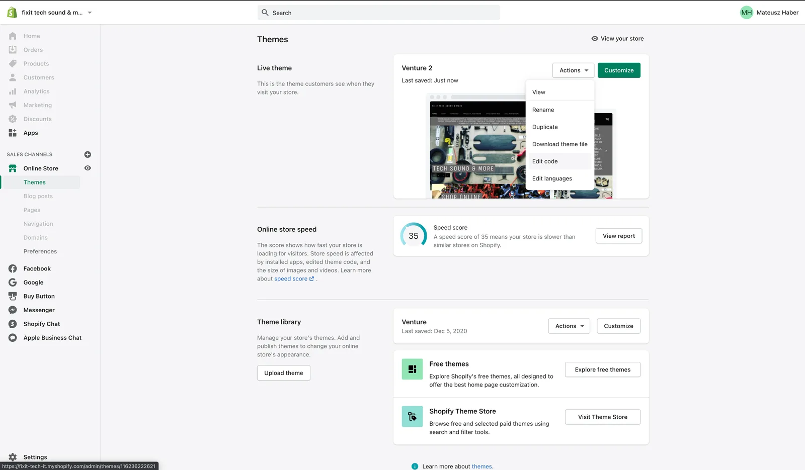 Shopify: Online Store, Themes, Edit code - where the snippet goes
