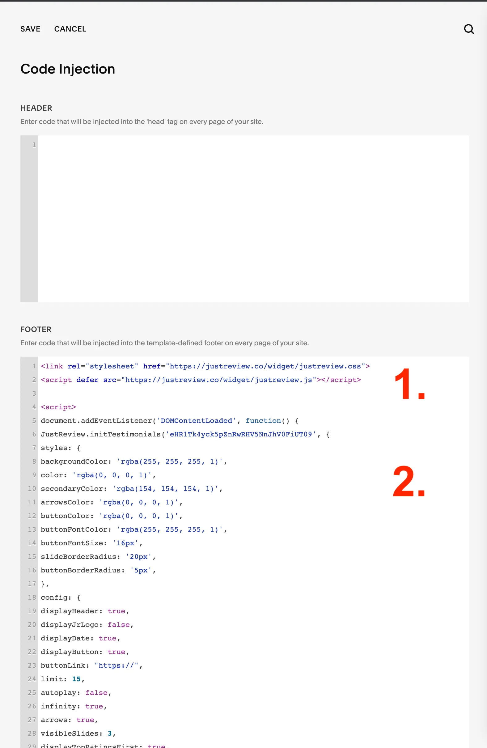 Squarespace: Settings, Advanced, Code Injection - where the snippet goes