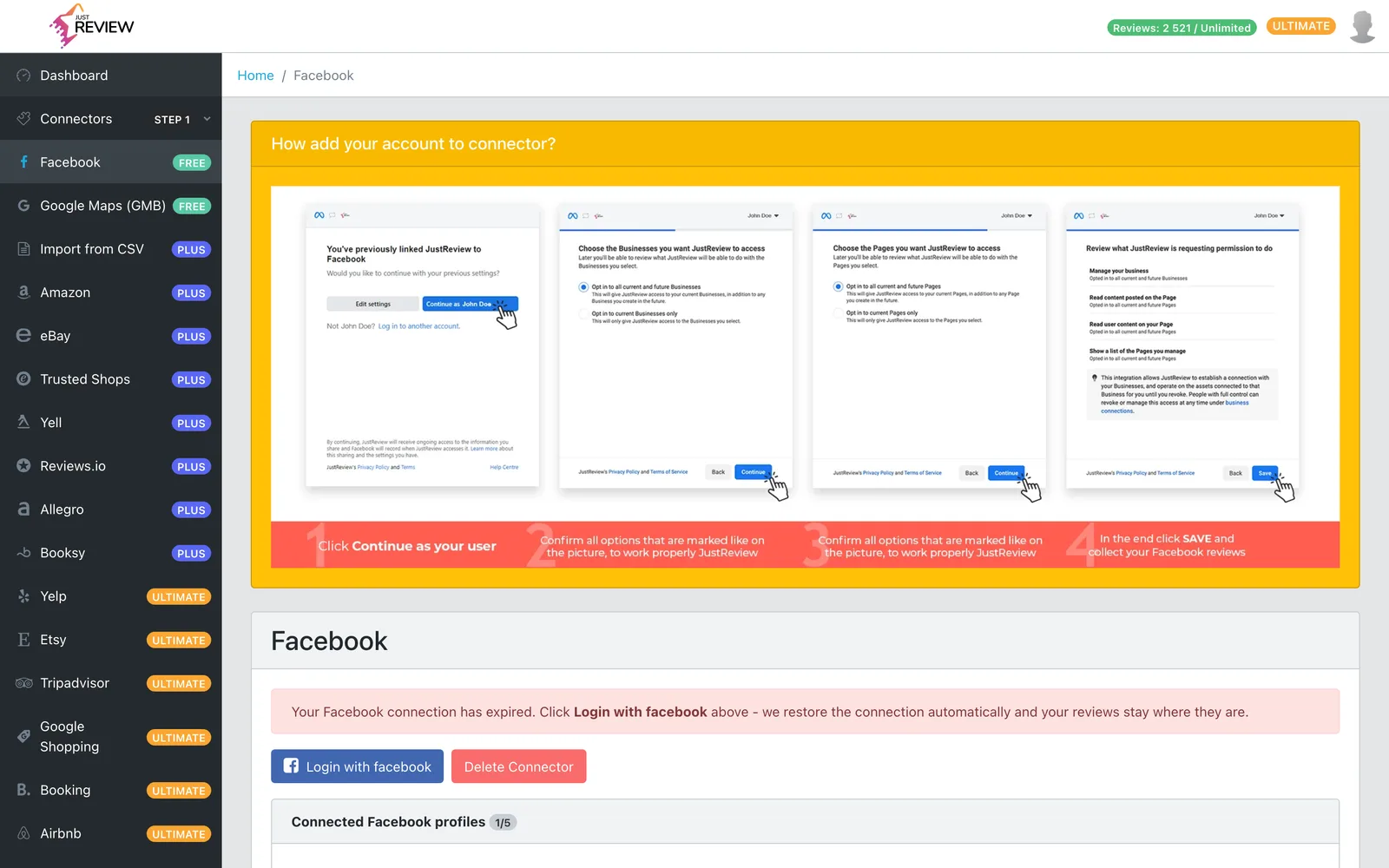 The Facebook connector screen with the four-step authorisation instruction and the expired connection notice