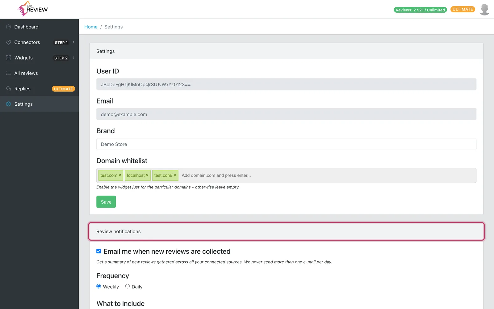 Ekran Settings z podswietlona sekcja Review notifications, z przelacznikiem e-maili i czestotliwoscia tygodniowa lub dzienna
